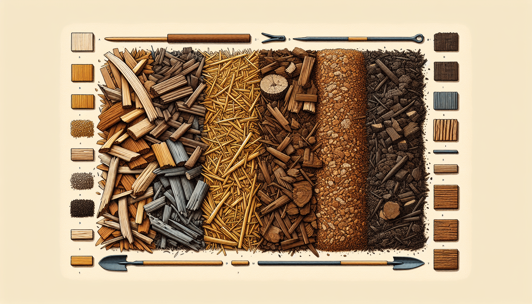 Illustration of various types of mulch for gardens