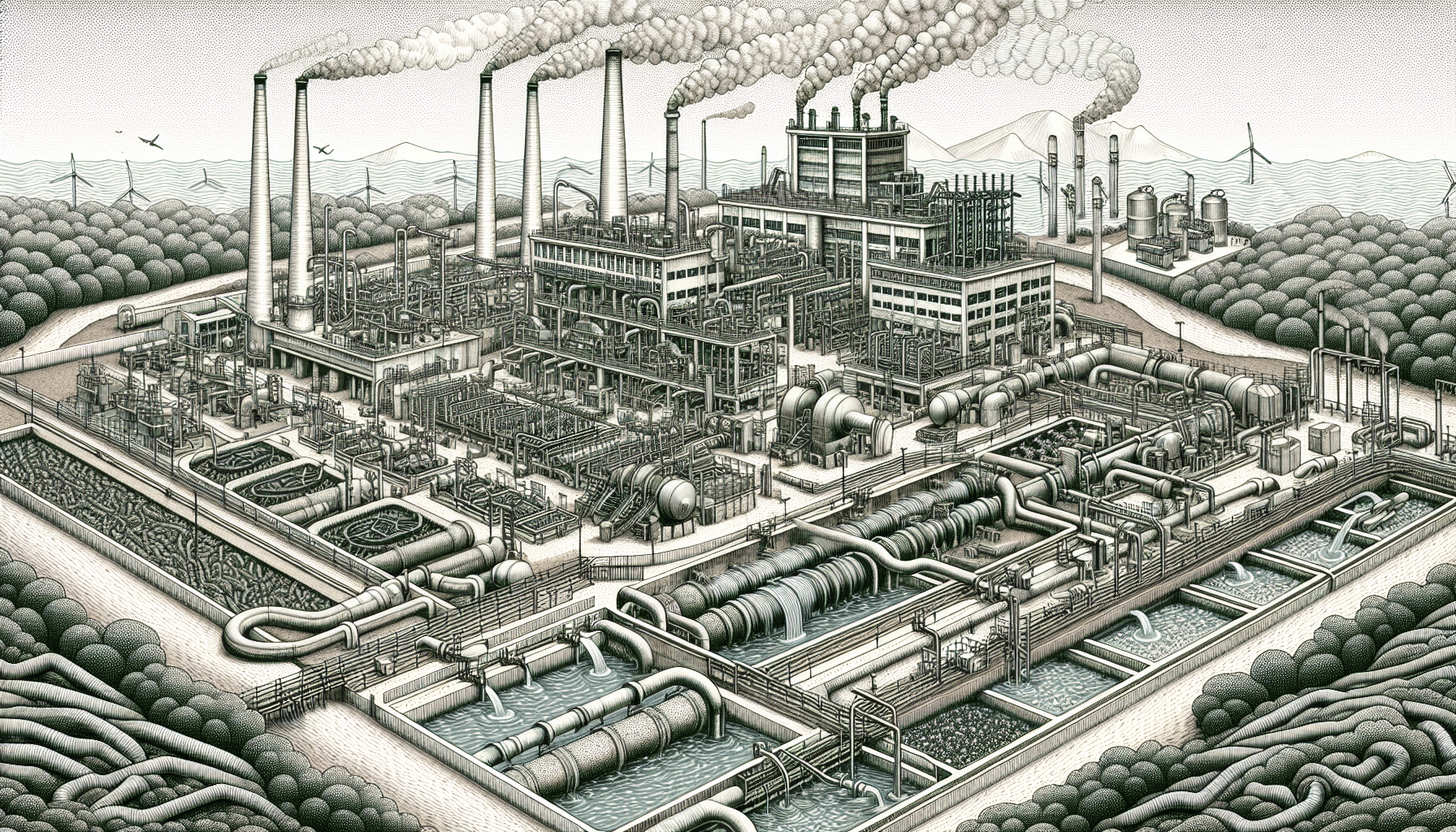 Industrial wastewater treatment plant with various industrial processes