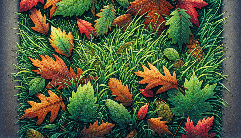 Illustration of a lush green lawn with fallen leaves scattered around