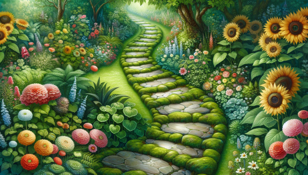 A winding garden path with stepping stones surrounded by lush greenery