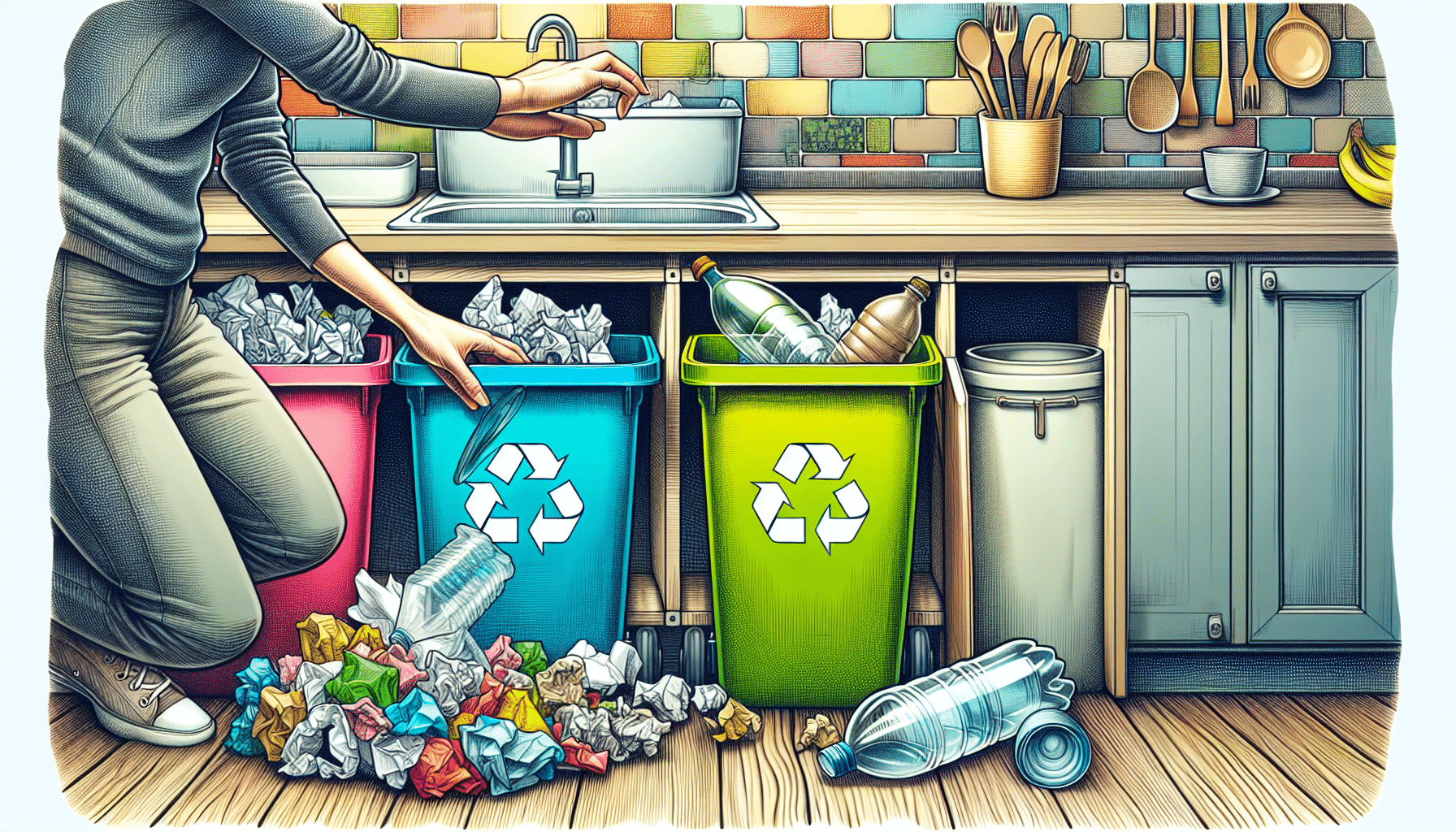 Illustration of a person putting recyclable items into a recycling bin at home