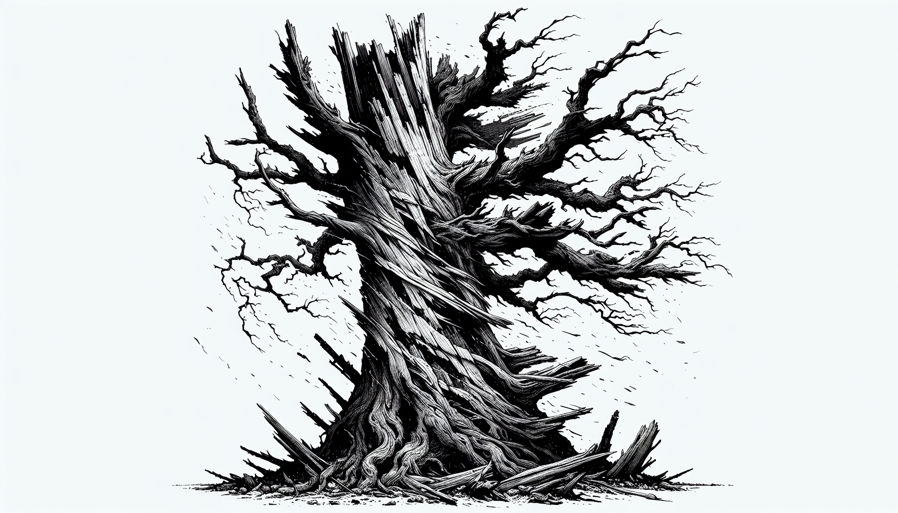 Illustration of a large tree with broken branches and torn bark after a storm