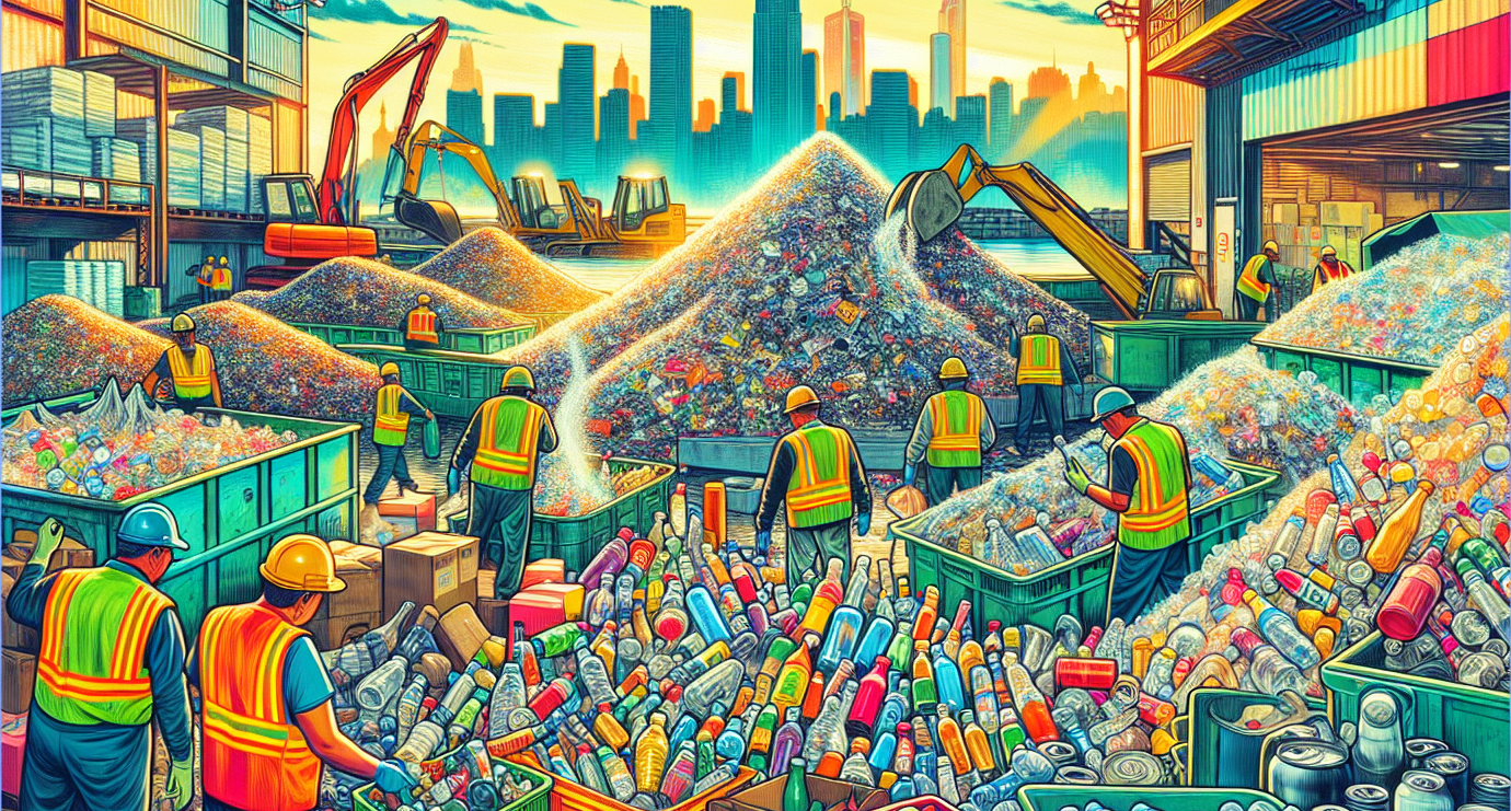 Illustration of various recyclable materials at a recycling facility in Brooklyn NY