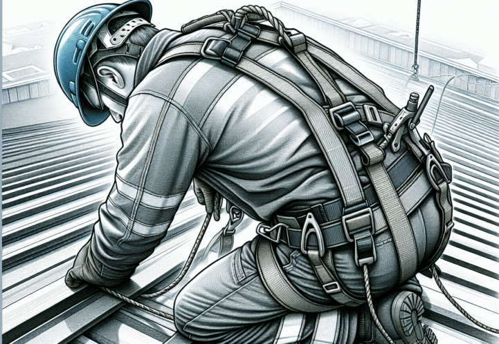 Illustration of a worker wearing a safety harness on a roof