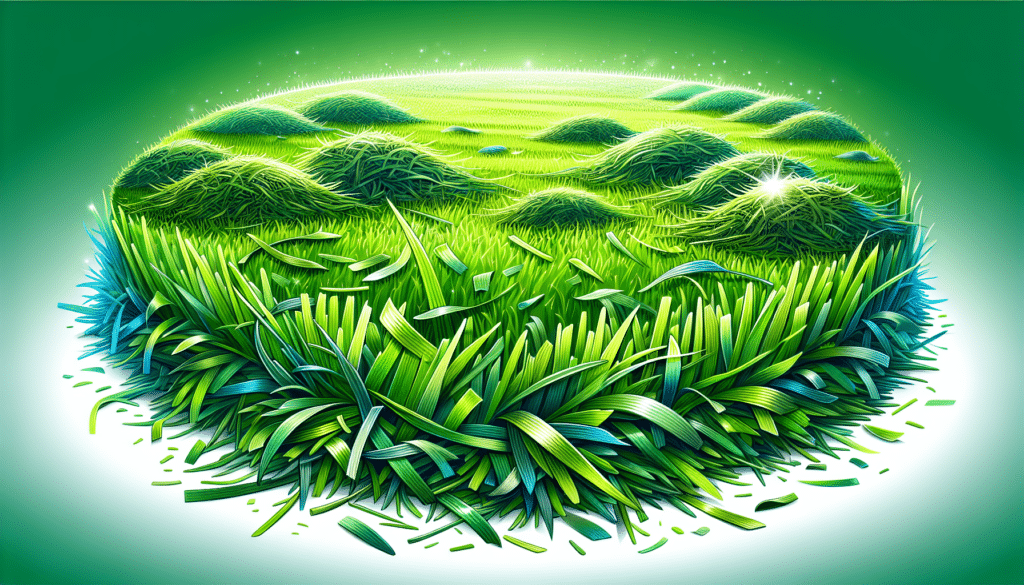 An illustration of a lush green lawn with freshly cut grass clippings scattered on the ground.