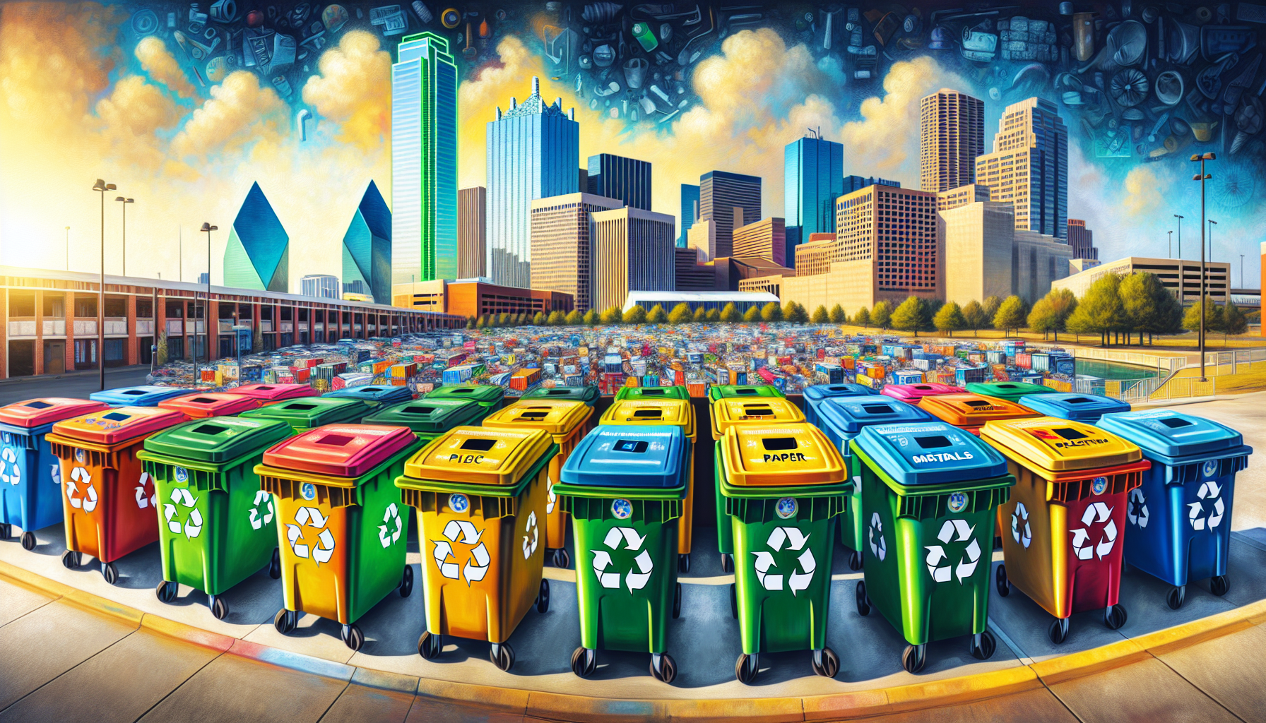 A colorful illustration of recycling centers in Dallas, Texas, showcasing various recycling bins.