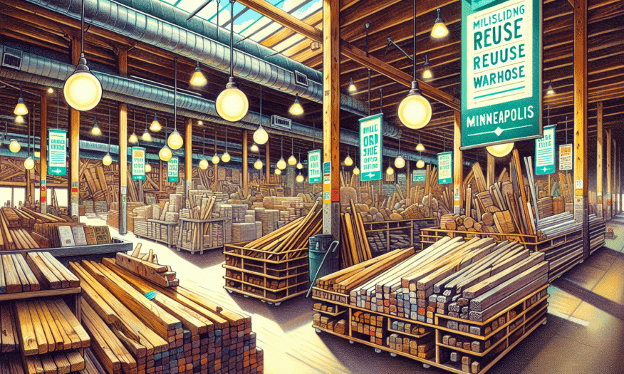 A variety of recycled building materials available in a reuse warehouse store in Minneapolis.