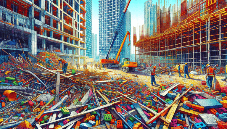 An illustration depicting various types of building debris including rubble and construction materials.