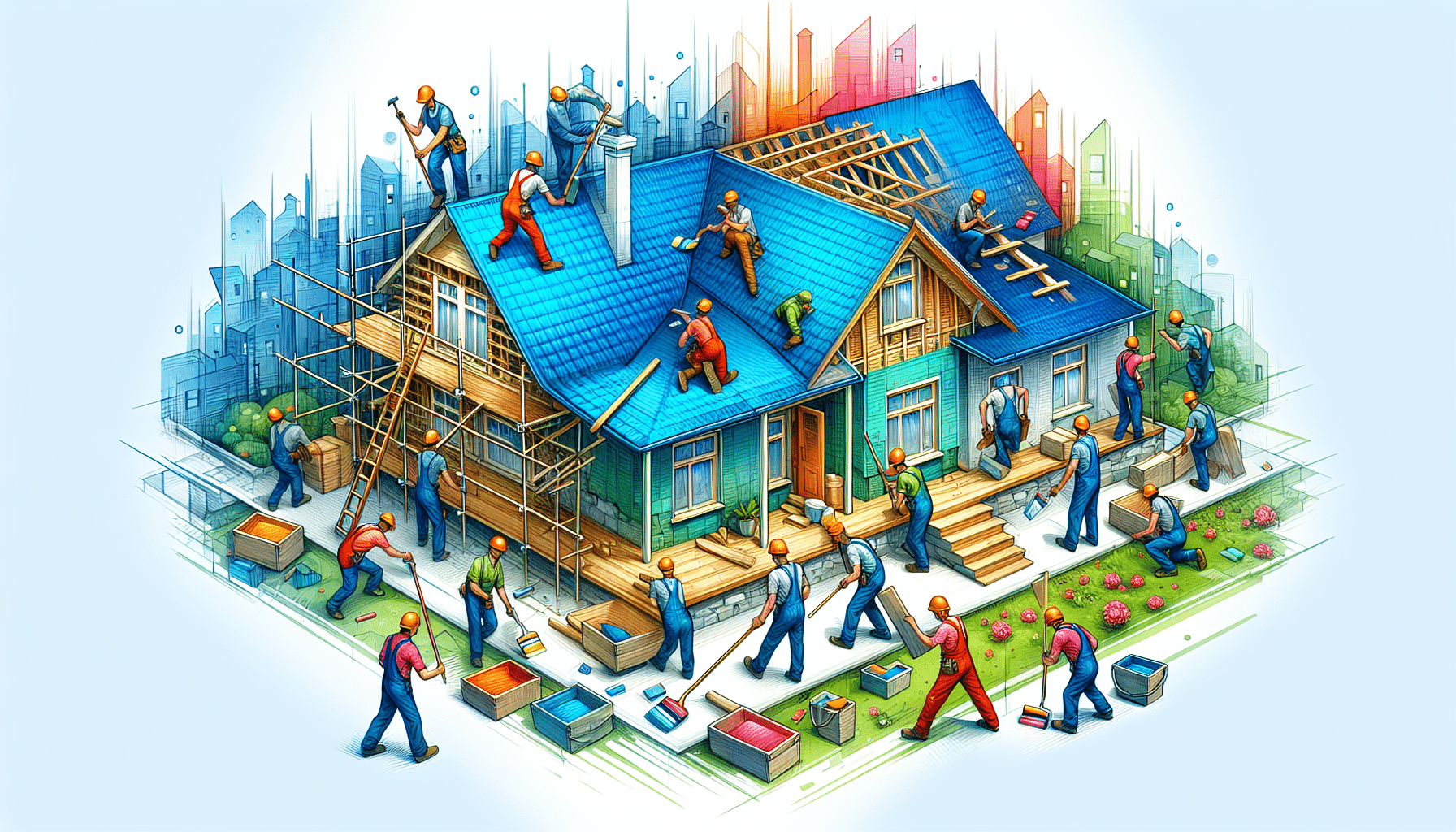 Illustration of a house undergoing renovation