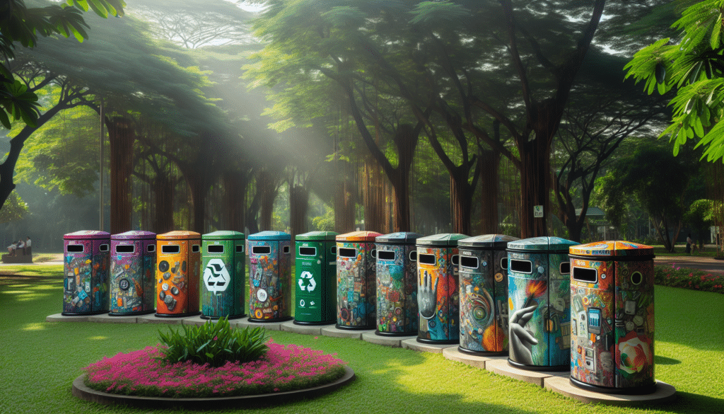 A colorful illustration of various recycled garbage cans highlighting their benefits.