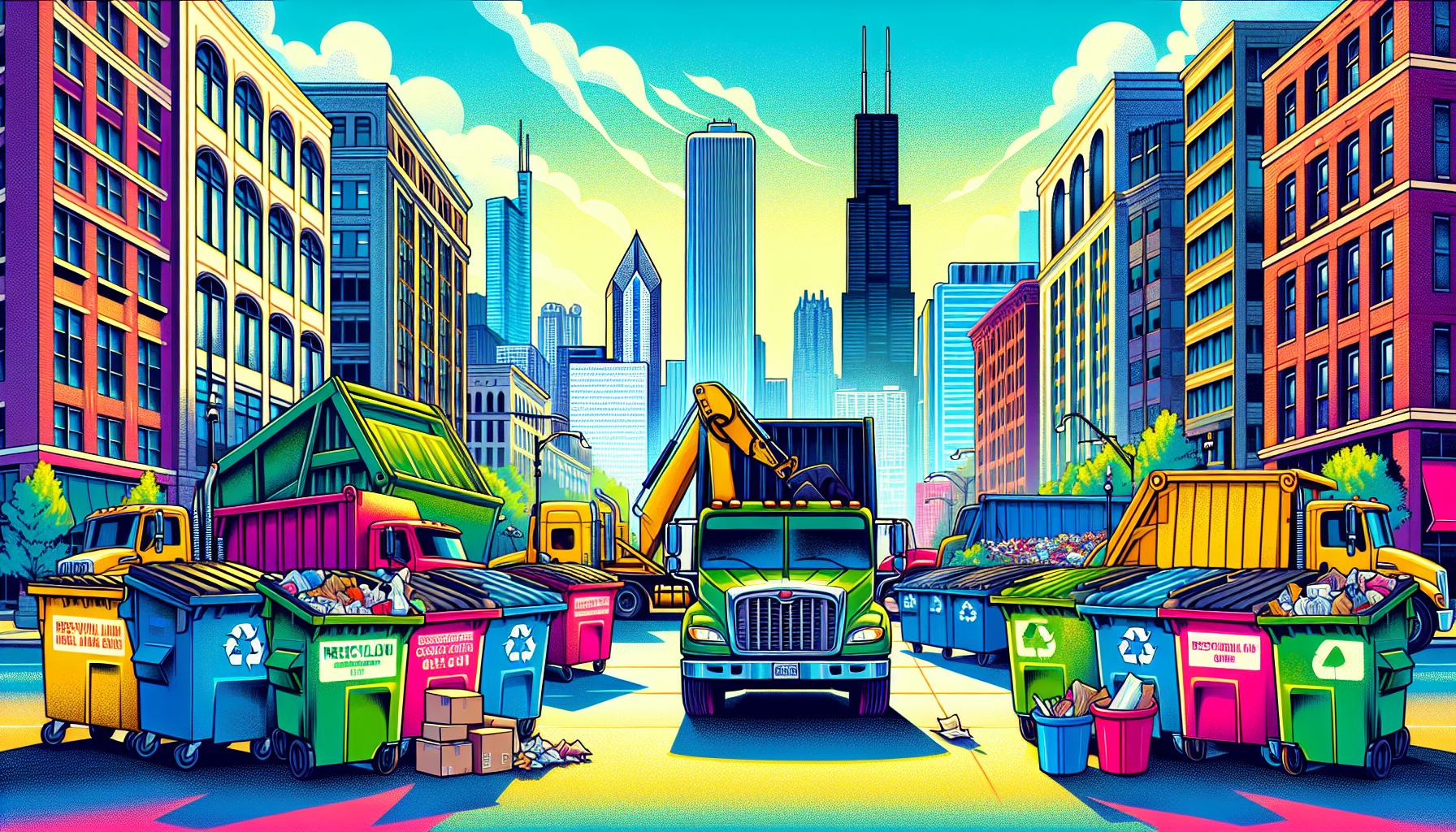 An illustration depicting waste removal services in Chicago, IL, showcasing various dumpsters and recycling bins.