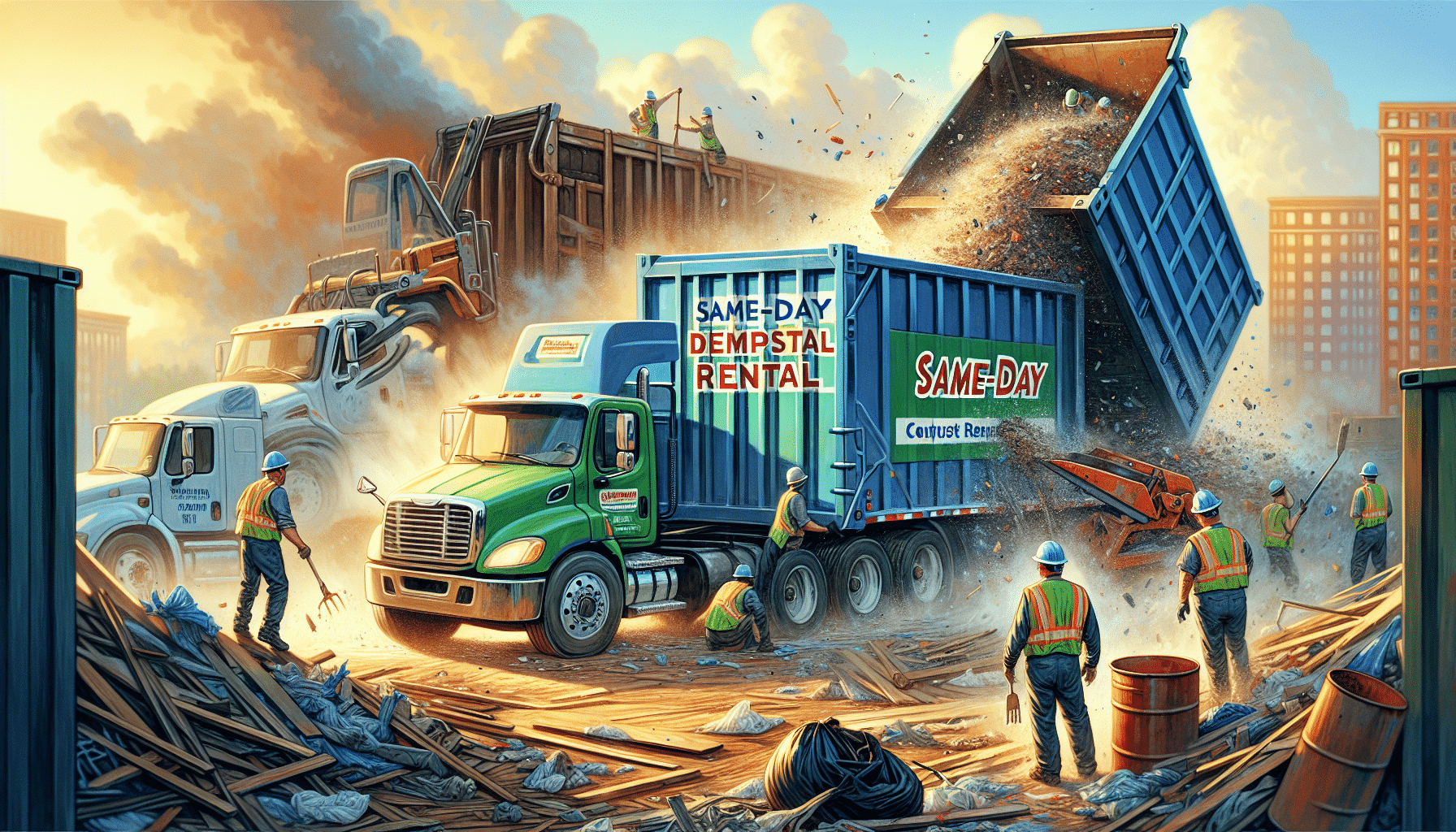 Illustration of a same day dumpster rental truck parked near a construction site