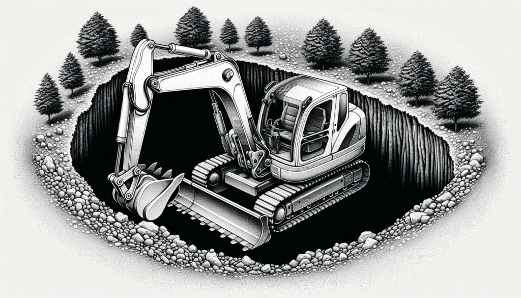 Mini excavator in a narrow trench