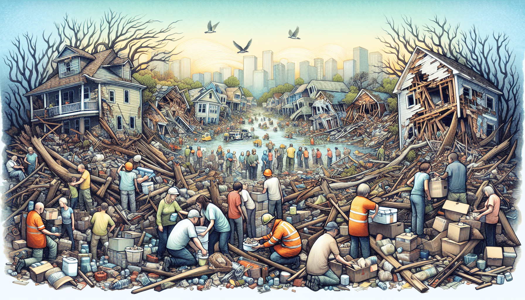 Illustration of natural disaster striking a community