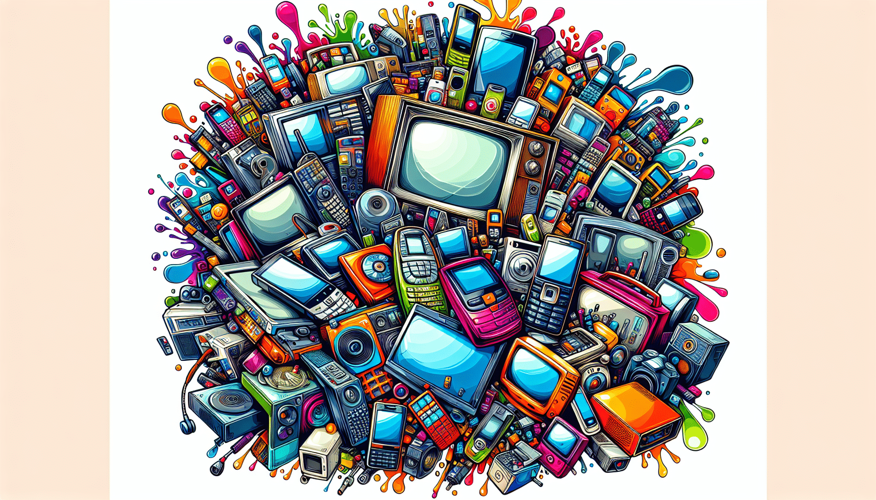 An illustration showing various types of electronic waste including mobile phones, computers, and household appliances.