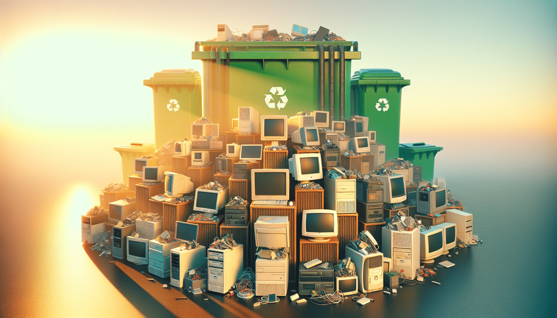 Illustration of various electronic waste items being collected for recycling