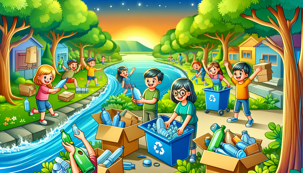 An illustration showing the environmental benefits of recycling, highlighting natural resources and recycling processes.